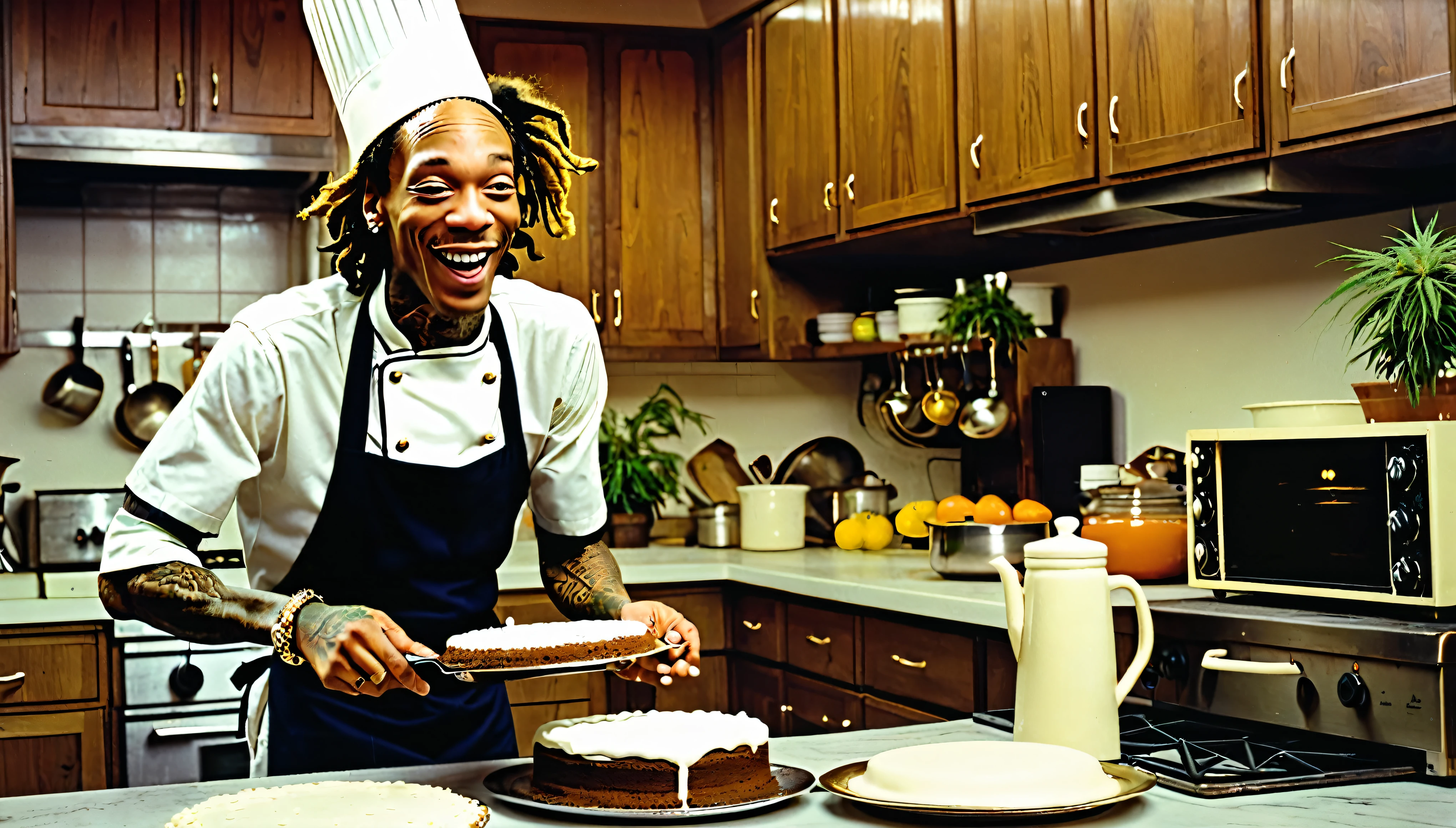 1970s photo of "Wiz Khalifa" wearing 1970s chef attire, he is baking marijuana cake in the kitchen, excited expression,