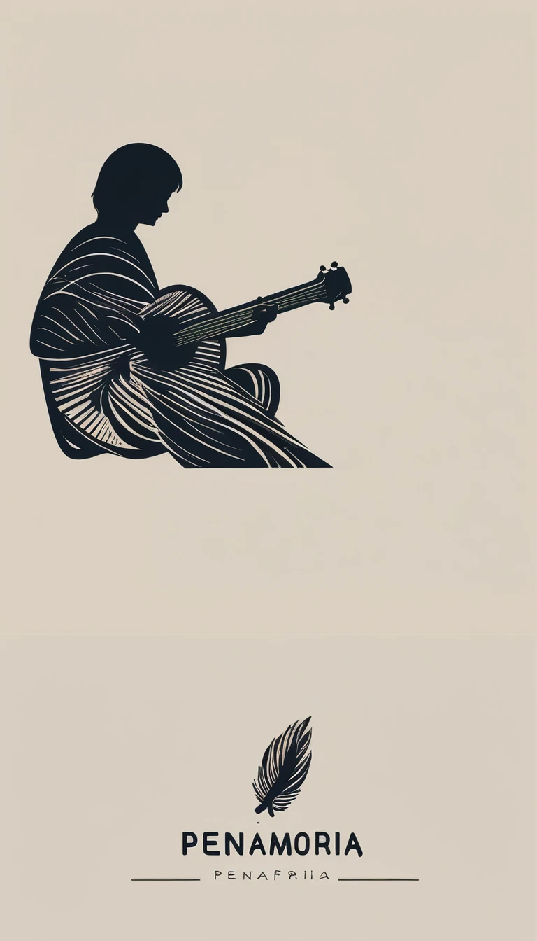 A minimal, modern, simple, cinematic logotype for the brand “Penamemoria". The logotype must be a simple, magical feather and a boy playing acoustic guitar. The logo must convey a sense of music, stories and dreams. Logo design impressed on a book cover. Minimalistic logo