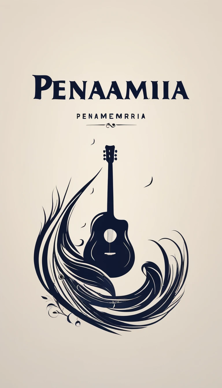 A minimal, modern, simple, cinematic logotype for the brand “Penamemoria". The logotype must be a simple, magical feather and a boy playing acoustic guitar. The logo must convey a sense of music, stories and dreams. Logo design impressed on a book cover. Minimalistic logo