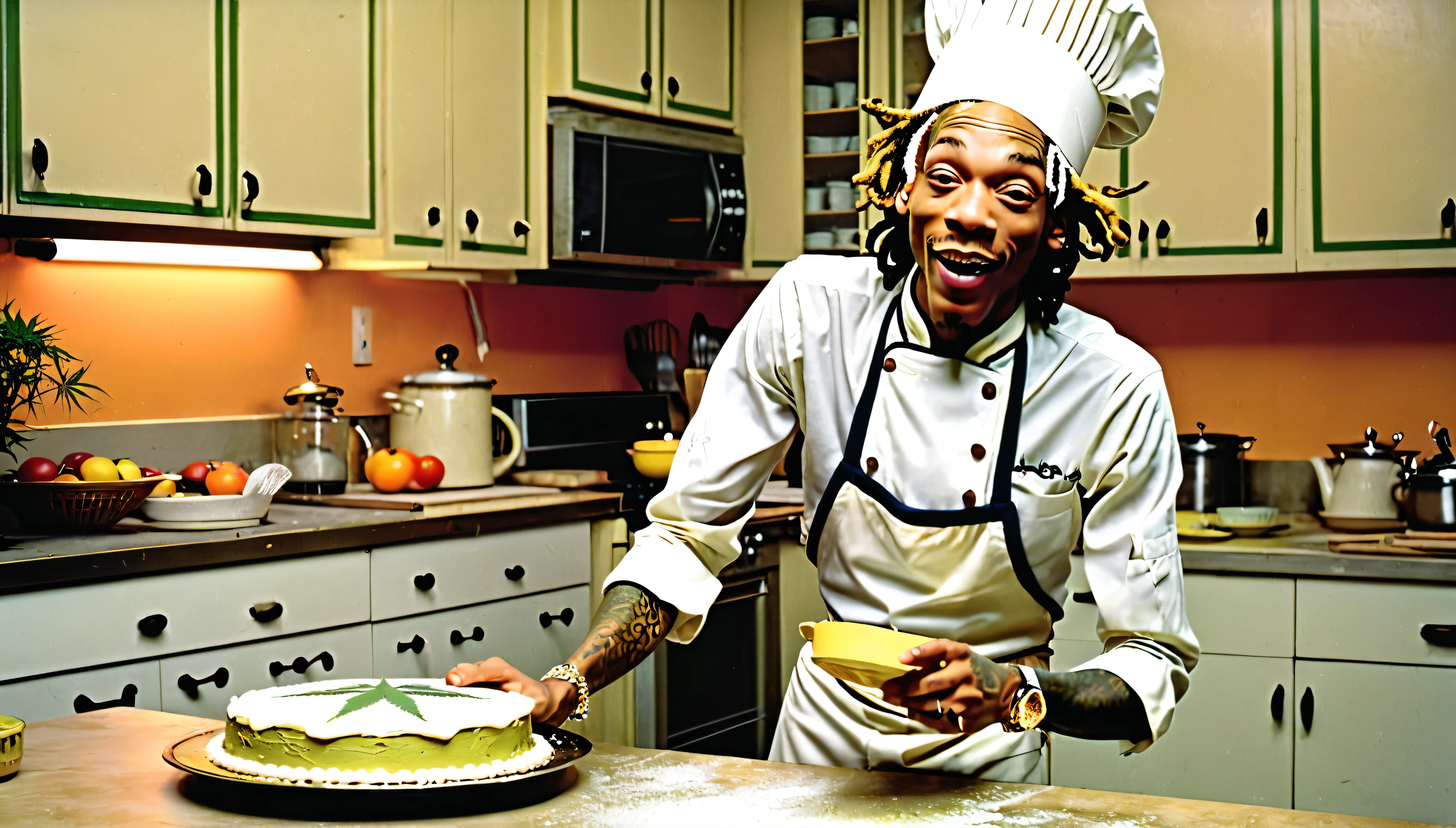 1970s photo of "Wiz Khalifa" wearing 1970s chef attire, he is baking marijuana cake in the kitchen, excited expression,