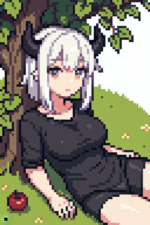 Woman resting under an apple tree,White hair,It has black dragon horns,Black casual clothes