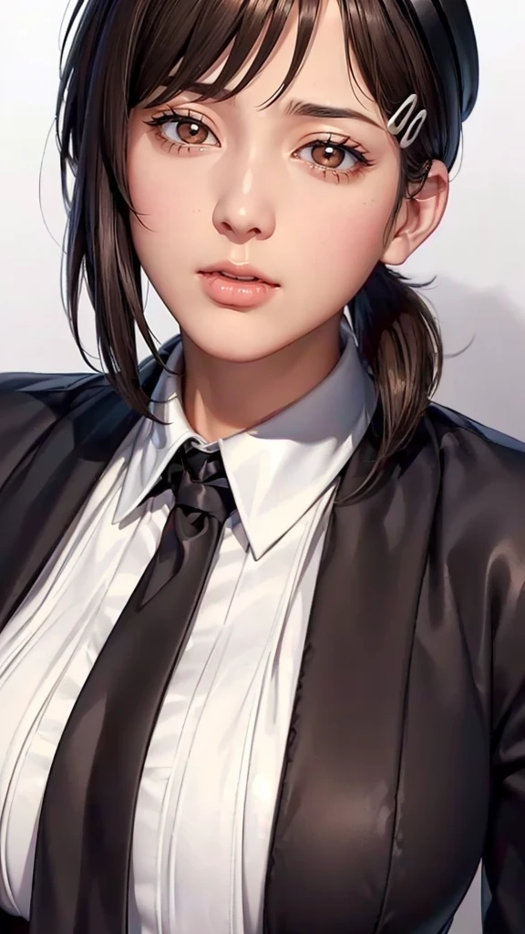 (((Perfect body,White and tender skin,(((Black strap dress, black long bow tie, white lining, black hat))),(((kobeni higashiyama, black hair, hair ornament, hairclip, ponytail, short hair, (brown eyes:1.5),))),((masterpiece)),highres,((Best quality at best)),masterpiece,quality,Best quality,((( Exquisite facial features,Looking at the audience,There is light in the eyes,(((indifferent,Poker face))),Scissorhands))),(((Light and shadow,Huge breasts,))),(((Looking at the camera,White background,look up,from above))))