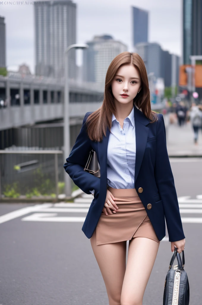 the most beautiful face of a 20 year old actress, perfect proportions of female body, blazer is worn on shirt, female crotch between bare legs under short skirt, panties are seeable, in the city, standing, nsfw, best quality, highly detailed, masterpiece, ultra high res, photo realistic, 8k