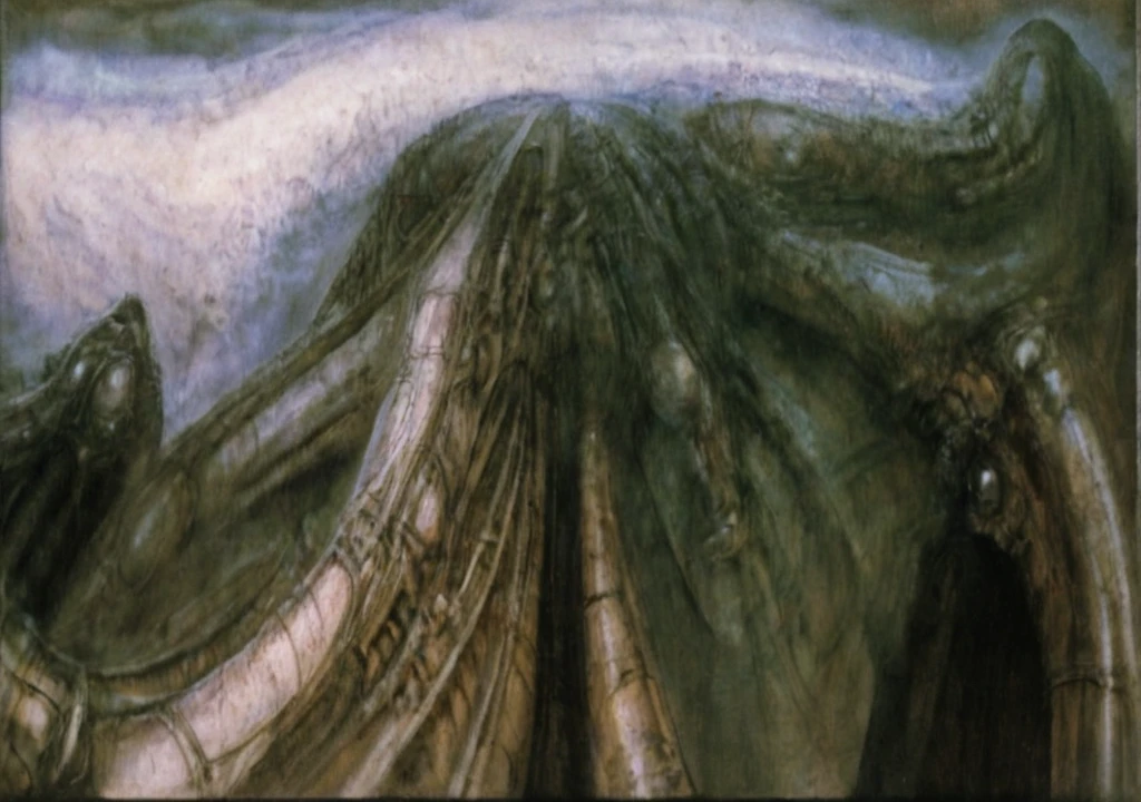 Create biomechanical tableau with some of the artistic techniques and compositional features used in /"Necron IV/” by h r (Hans Rudie) giger:
The image depicts a complex, sprawling city made of dark ivory, metal and wires. The city is densely packed with loops and twists, resembling a massive, intricate machine.
The painting is composed around a central focus of bone-like celestial formations and tectonic weathering structures with a phallic spine. This central form is the most detailed and brightly lit part of the painting, and it draws the viewer's eye in.The central focus is emphasized by the use of light and shadow. The light source is coming from the top left of the painting, and it casts a bright spotlight on the scene.
Biomorphic forms: The biomechanical forms in the painting are inspired by biological organisms, but they are also machine-like. These forms create a sense of unease and discomfort, as they blur the line between the natural and the artificial
. The image is highly detailed and intricate, uses, with transparent organs and bones exposed). The piece has a thick mechano-organic texture and is covered in fine details. The image has a swirling, organic quality to it. The artistic manner would be unmistakably Gigeresque. A dark and unsettling beauty would permeate the piece, blurring the lines between fascination and repulsion , forever haunted by the grotesque allure. Giger's signature artistic manner would be evident in every stroke. The airbrush would be wielded with masterful precision to create a hyperrealistic yet nightmarish aesthetic.,hrgiger,H.G. Giger Style, Biomechanics,HRGigerArhP style