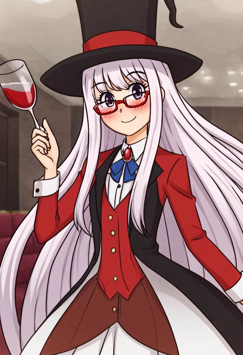young woman, magician, 21 years old, Very long white hair, red glasses, синий наряд magicianа, smile, blush.