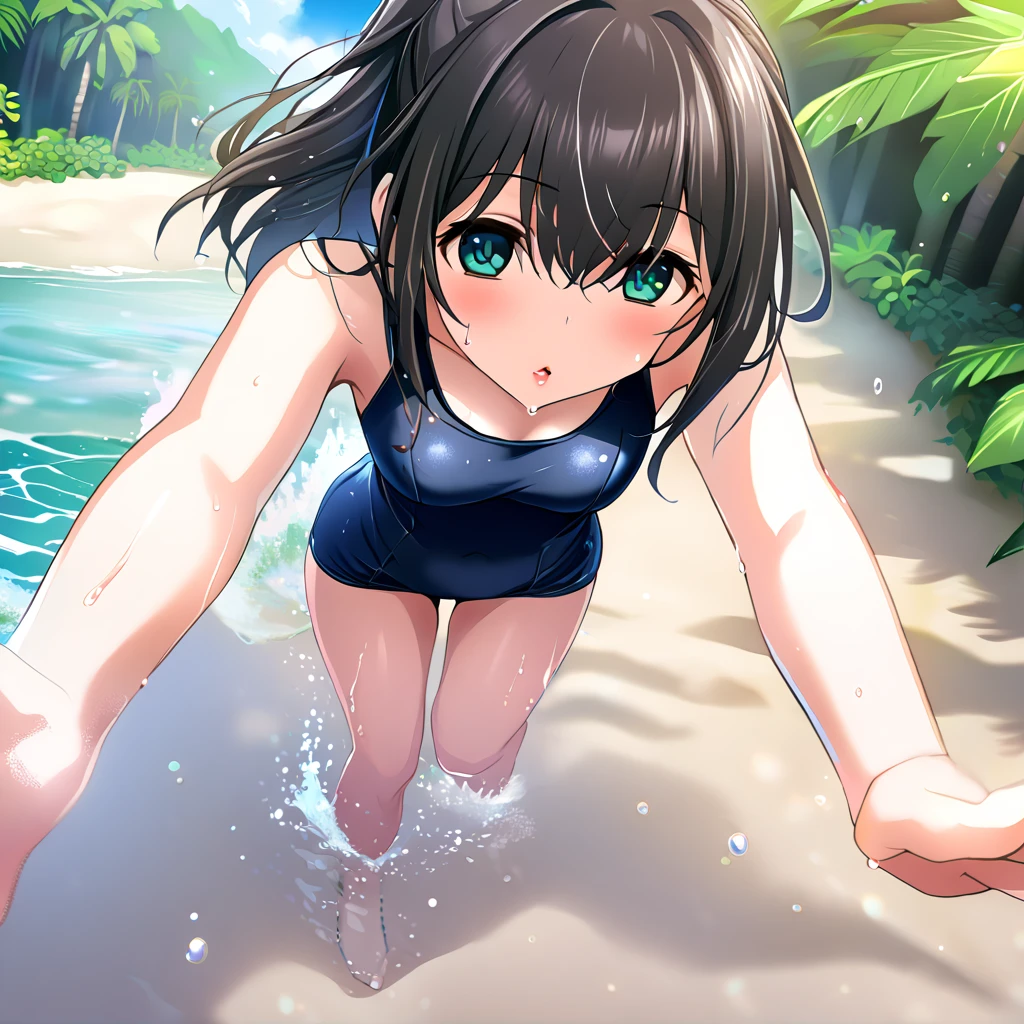 masterpiece, (solo:2), (1 girl:1.5), (FumikaSagisawa, score_9, score_8_up, score_7_up, source_anime, sgswfmk), (long hair), (black hair), (full body), (school swimsuit), (huge tits), blush, sweat, wet hair, wet swimsuit, (lips apart), swimming in a beach, swim ring,