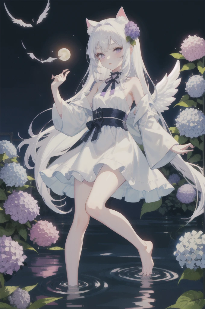 Her Fluffy, Her long white hair that reaches down to her knees is very attractive.., Detailed and precise manual work, Attractive girl, White cat ears, look at me, Purple eyes and white eyelashes,Her cheeks turned red,Big angel wings,On the water, A subject that stands out against the dark night sky,A lot of hydrangea, White Dress, Dramatic moonlight that makes your subject stand out, barefoot,Ankle decoration,