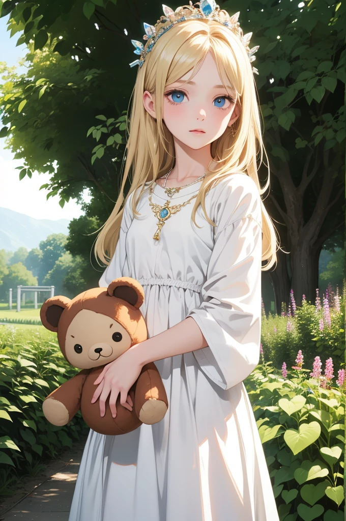 a cute girl, blonde hair, blue eyes, fair shiny complexion, plain expression, in a long white dress, hugging a brown teddy doll, tiara on head, green pendent on neck, garden in the background