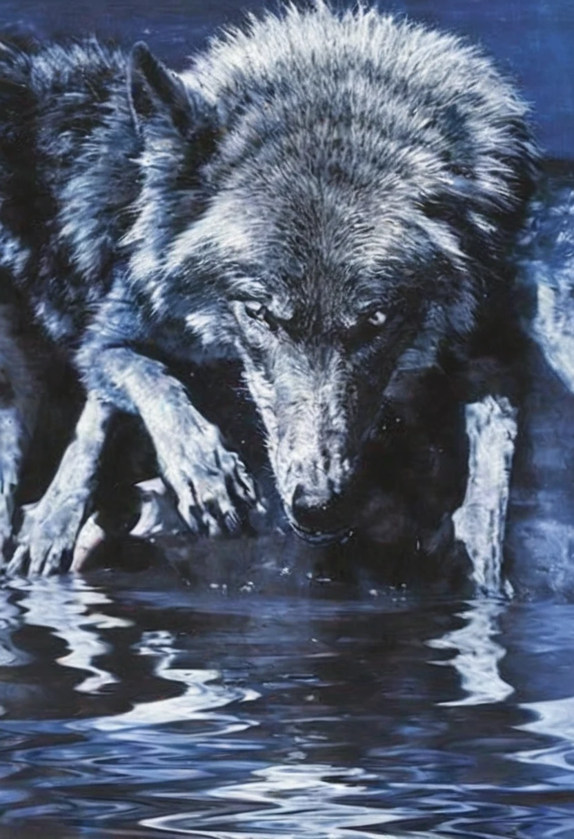 female  humanoid wolf fashion model in water reflection, blue bacground