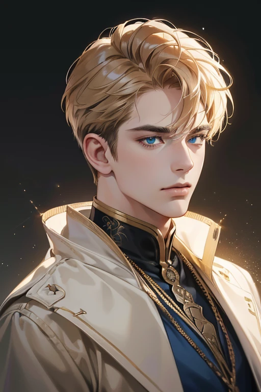 (best quality digital art digital illustration 4k high resolution beautiful image hyper-detailed image perfect lines soft lighting night environment smooth zoom perfect face) (1:1 photorealistic) (neutral colors hdr 1.4) an adult 35 year old man (thoughtful expression) very beautifu blue l eyes deep golden medium  hair modern clothes black (dark background)