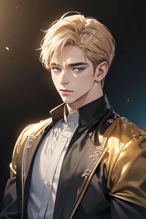 (best quality digital art digital illustration 4k high resolution beautiful image hyper-detailed image perfect lines soft lighting night environment smooth zoom perfect face) (1:1 photorealistic) (neutral colors hdr 1.4) an adult 35 year old man (thoughtful expression) very beautifu blue l eyes deep golden medium hair modern clothes black (dark background)