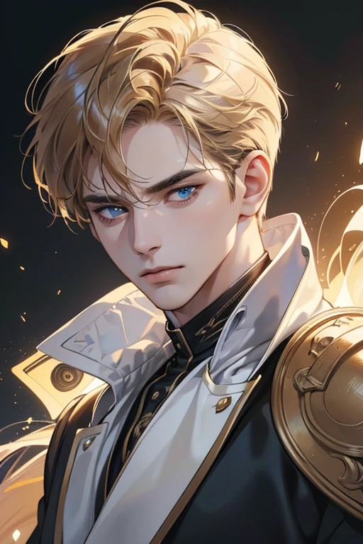 (best quality digital art digital illustration 4k high resolution beautiful image hyper-detailed image perfect lines soft lighting night environment smooth zoom perfect face) (1:1 photorealistic) (neutral colors hdr 1.4) an adult 35 year old man (thoughtful expression) very beautifu blue l eyes deep golden medium  hair modern clothes black (dark background)