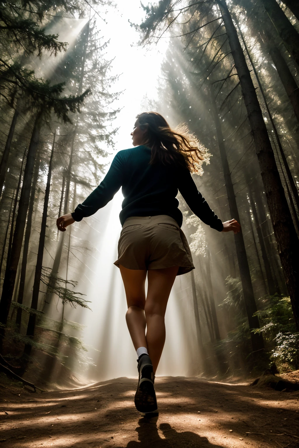 ((mejor calidad)), ((Obra maestra)), (detallado), 1 chica, cold shoulder sweaterImagine a dense forest of tall, dark pine trees, with rays of sun filtering through the branches. En el centro de la imagen, dos figuras humanas contrastan con el verdor del bosque. Una persona, with an expression of fear, is running towards the edge of the image, looking back with eyes wide open and arms outstretched as if fleeing. La segunda figura, that appears larger and has a stern or determined expression, is advancing rapidly behind the first, like he was chasing her. The scene conveys tension and action, with the dark forest and the contrast between the human figures emphasizing the drama of the situation.
os,