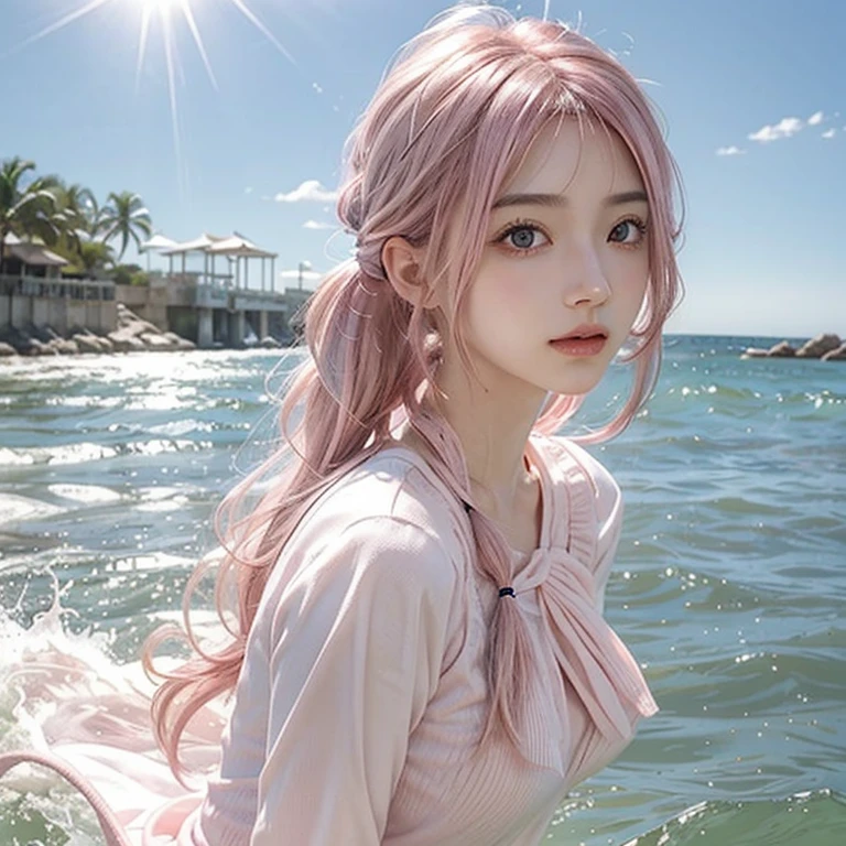 Light pink hair, Pink Eyes, Pink and white, Blue sky, Vibrant colors, blouse white、Water splashes, Light Racing, Wavy long hair、Water splashes、Light of the sun、pigtails hair