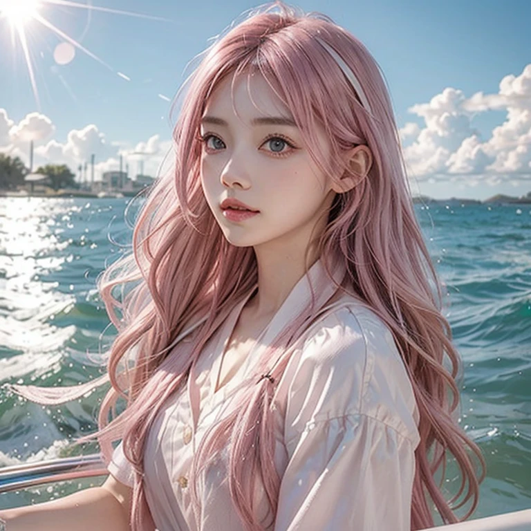 Light pink hair, Pink Eyes, Pink and white, Blue sky, Vibrant colors, blouse white、Water splashes, Light Racing, Wavy long hair、Water splashes、Light of the sun、pigtails hair