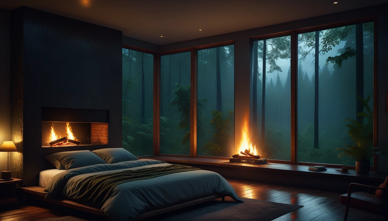Bedroom view with fire in the fireplace in the room, large windows overlooking the forest, quiet night. original image, rainy day. original rendering, rainy night, gloomy cinematic lighting, atmosphere. digital painting, moody cartoon scenes, dramatic lighting. cinematic, cinematic,concept art, atmospheric shots, gloomy weather. hyperrealistic, atmospheric rendering, rainy night, huge forest, cinematic, 4k, ultra hd,atmospheric and gritty details, beautiful and cinematic lighting, rainforest