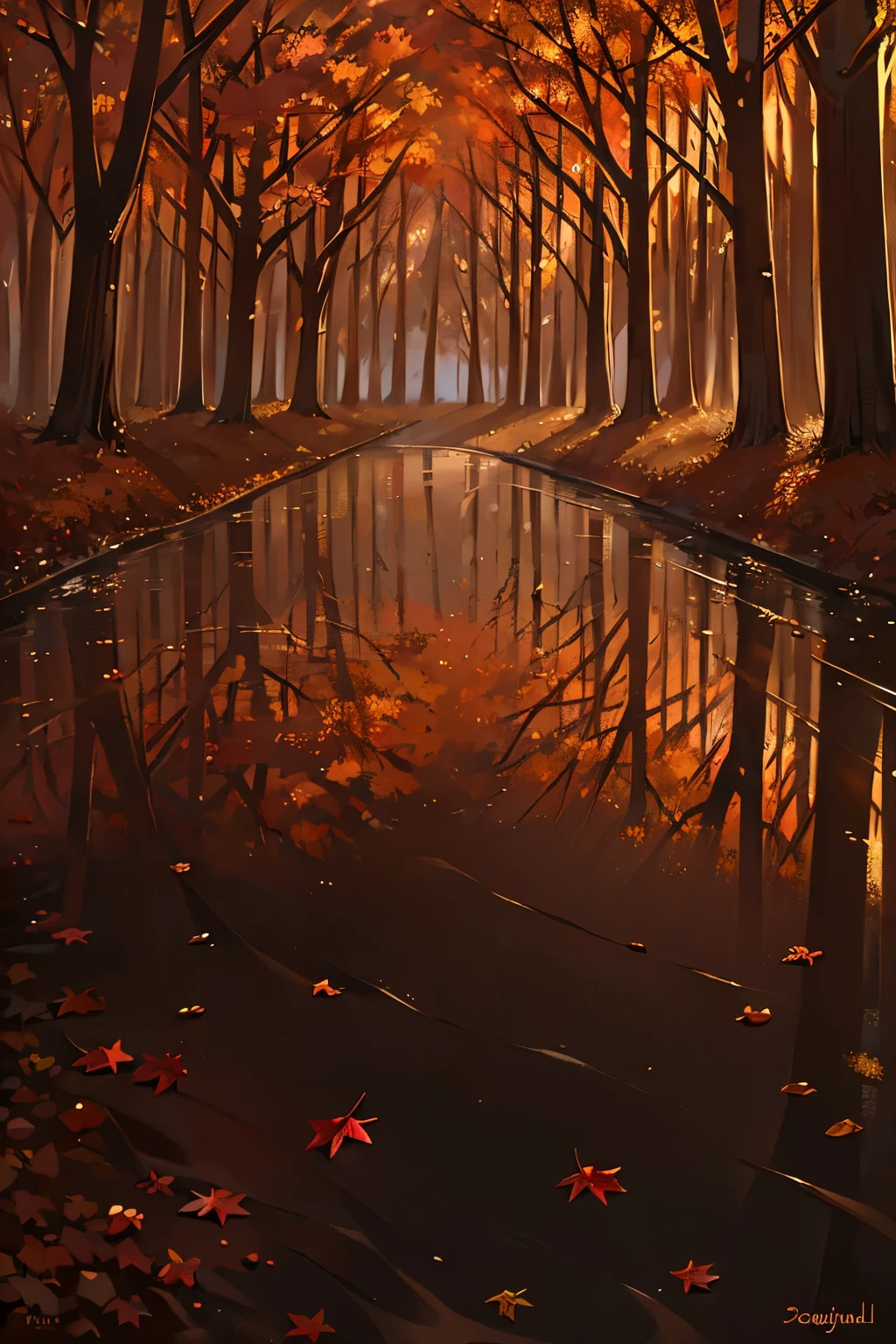 High Quality Detail, Autumn Forest, Brown Leaves, Deer Footsteps, Footprints in the Dirt, Single Track, (Deep in the woods, Leaf-covered Trail, Deadfall, Amber Light, Sunlight Filters Through), Autumn Sunset, (Focused Depth, Sharp Contrast, Reflected in a Puddle), Wildlife Scene, Realistic Wildlife, Deer in Transition, (Supple Muscles, Agile Gesture, Ear Tufts Visible), Warm Brown Color Palette, Autumnal Tones, Subtle Shadowing, (Nature's Canvas:1.3), Brown Eyes, Dropped