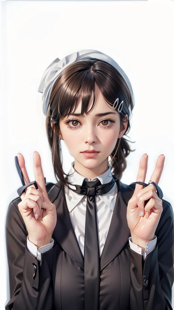 (（（Perfect body,White and tender skin,（（（Black strap dress, black long bow tie, white lining, black hat）））,（（（kobeni higashiyama, black hair, hair ornament, hairclip,  ponytail, short hair, (brown eyes:1.5),）））,((masterpiece)),highres,((Best quality at best)),masterpiece,quality,Best quality,(（（ Exquisite facial features,Looking at the audience,There is light in the eyes,(（（frown，Wronged））），）））,（（（Light and shadow,Huge breasts,）））,（（（Looking at the camera,White background)））)