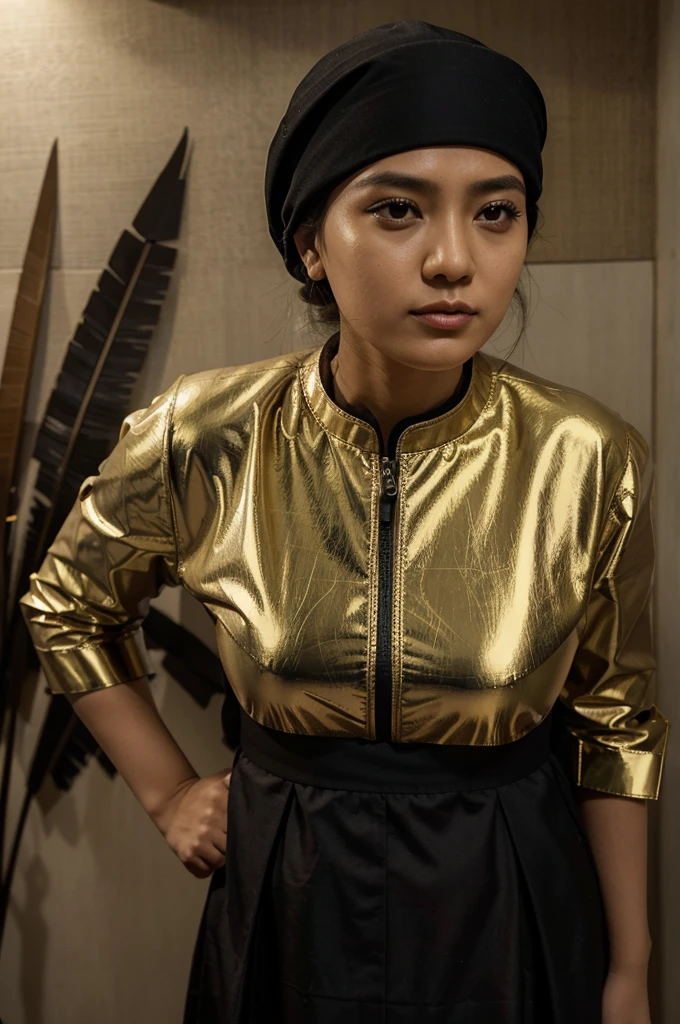 Ilustrasi sinematik yang mencolok dari sosok seorang pemuda tampan Indonesia berkacamata, mengenakan baju besi futuristik emas dan berlogo "MOLEK CREATOR" secara mencolok di dadanya. Armor yang cerah dan detail dihiasi dengan desain yang rumit dan kesan energi yang kuat. Latar belakang fantasi gelap menampilkan langit yang bergejolak, dengan awan dan matahari terbenam yang memancarkan cahaya keemasan yang hangat dan surreal. Komposisi keseluruhannya dramatis dan konseptual, membangkitkan rasa kekuatan ilahi dan kehadiran dunia lain. Dalam gaya Oskar Moll, Natalia Goncharova, Juan de Echevarría, seni konseptual, bersemangat, ilustrasi, fantasi gelap, sinematik, lukisan