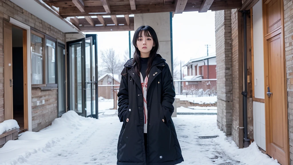 high resolution, alone, (20-year-old)), Lonely look, View your viewers, Upper Body, Deep neckline, ((Black Hair)), Winter clothing, The background is right next to the entrance of the building., The door is open, There is snow all around, It's snowing, Surrealism, UHD, retina, masterpiece, accurate, textured skin, anatomically correct, super detail, high details, high quality, highres, best quality, award winning