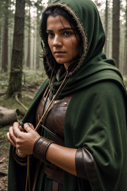 ((best quality)), (masterpiece) Hunter, female faces us, jet-black hair covered with the hood of her green medieval cloak, a (((long-bow))) held in her left hand towards the viewer, the arrow pulled back with her right hand to the middle of her jaw, an intense focus in her stare down the arrow shaft, longbow facing viewer, arrow tip closest to viewer, leather groves cover her forearms to protect herself from the bowstring, she has been hunting for three days her face has grime and dirt, her small campsite is a small cooking fire and a few blankets on the ground