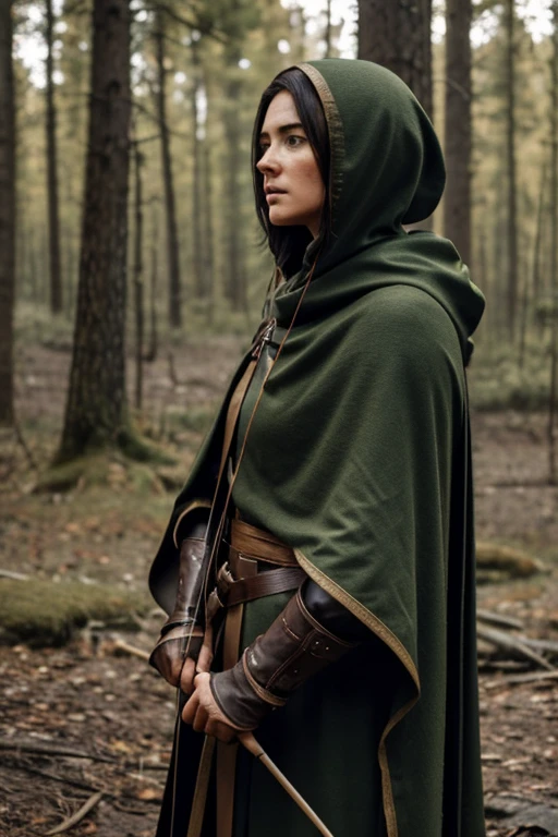 ((best quality)), (masterpiece) Hunter, female faces us, jet-black hair covered with the hood of her green medieval cloak, a (((long-bow))) held in her left hand towards the viewer, the arrow pulled back with her right hand to the middle of her jaw, an intense focus in her stare down the arrow shaft, longbow facing viewer, arrow tip closest to viewer, leather groves cover her forearms to protect herself from the bowstring, she has been hunting for three days her face has grime and dirt, her small campsite is a small cooking fire and a few blankets on the ground