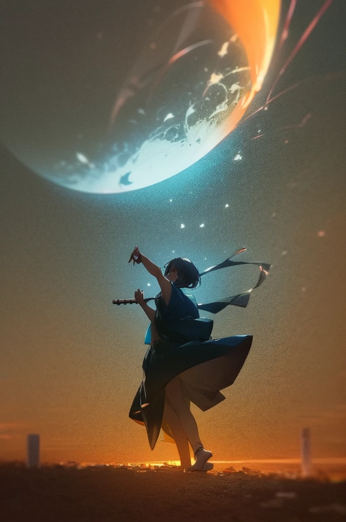 anime girl dancing and playing violin under a mystical sky
