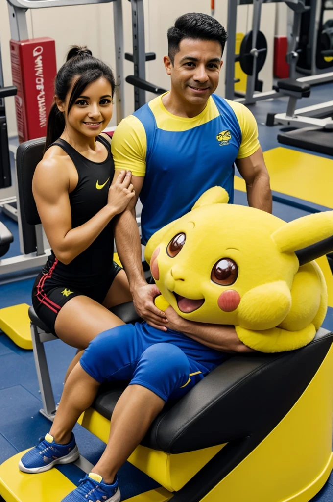 Pickachu musculoso con una pesa en brazo derecho sentado en una silla del gimnasio
