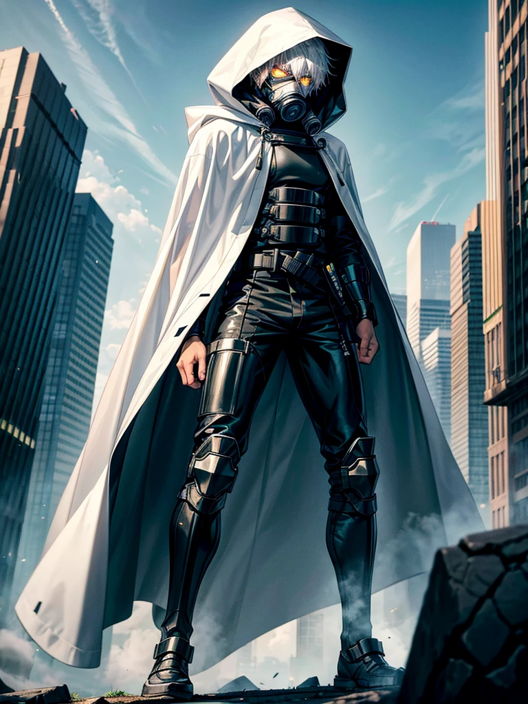 A tall muscular 17 year old boy with messy white hair, wearing a black gas mask covering his face, a white cloak with its hood up and a black fullbody suit. Glowing green eyes and carrying a black katana. In an urban city.