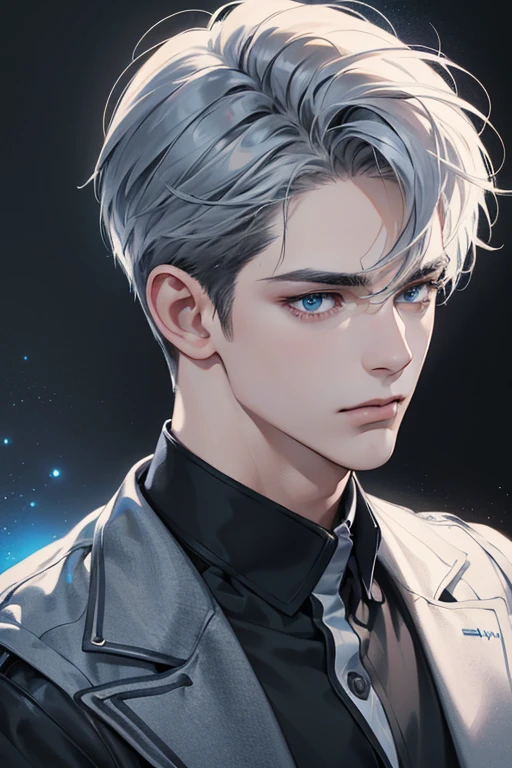 (best quality digital art digital illustration 4k high resolution beautiful image hyper-detailed image perfect lines soft lighting night environment smooth zoom perfect face) (1:1 photorealistic) (neutral colors hdr 1.4) an adult 35 year old man (thoughtful expression) very beautifu blue l eyes deep grey blue medium  hair modern clothes black (dark background)