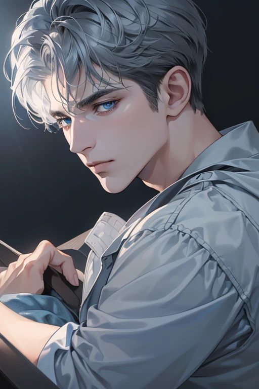 (best quality digital art digital illustration 4k high resolution beautiful image hyper-detailed image perfect lines soft lighting night environment smooth zoom perfect face) (1:1 photorealistic) (neutral colors hdr 1.4) an adult 35 year old man (thoughtful expression) very beautifu blue l eyes deep grey blue medium hair modern clothes black (dark background)