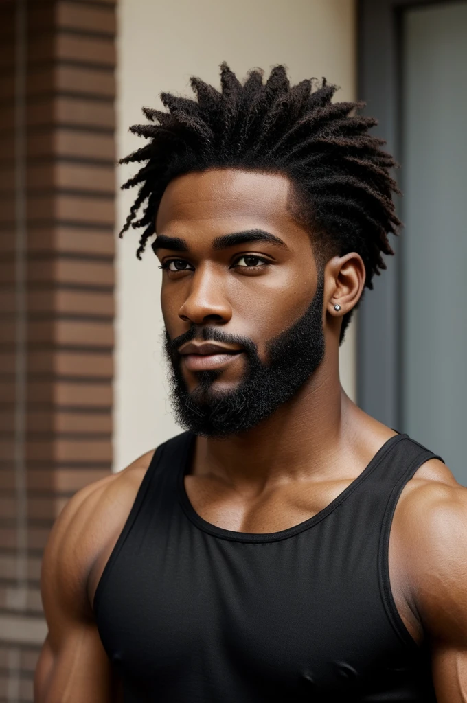 Create a muscular black male with a fully groomed beard. Hair is faded to clean low cute hairstyle. Subject is wearing a form fitting black shirt showcasing muscular frame. Subject is handsome and giving a slight smile with full eye brows and mediums sized brown eyes with confident look.
