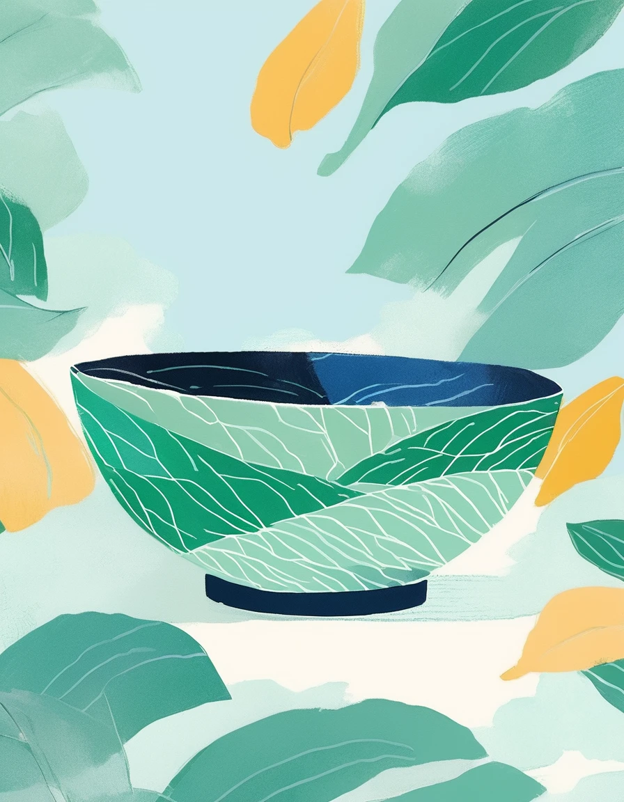 a close-up photo of a bowl, minimalist illustration, blue-green bowl, oil paint texture, sketchy, prominent textures, Chinese style, tea leaf pattern bowl, solid color background, clear edges, illustration style,pop surrealism,drawing,painting