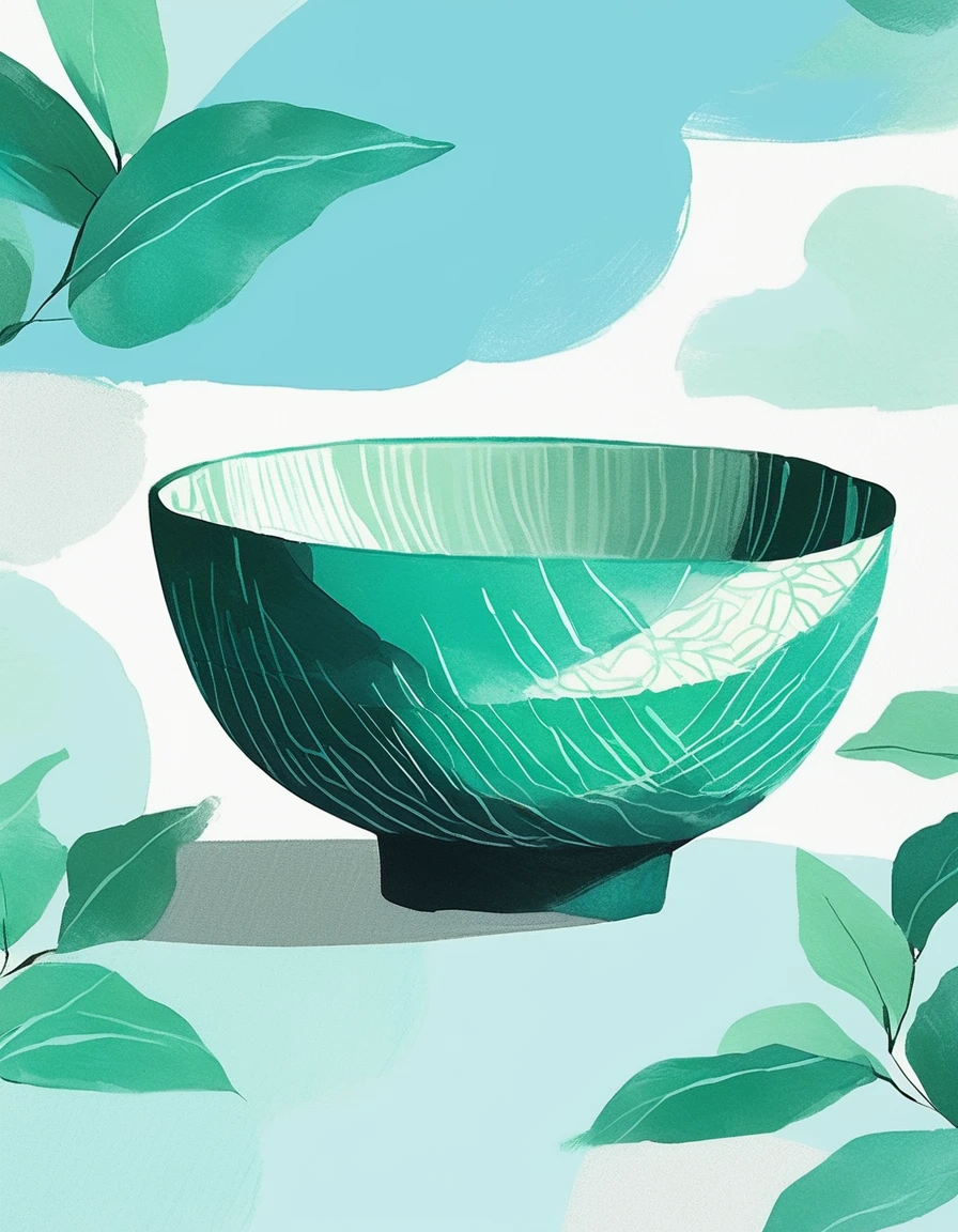a close-up photo of a bowl, minimalist illustration, blue-green bowl, oil paint texture, sketchy, prominent textures, Chinese style, tea leaf pattern bowl, solid color background, clear edges, illustration style,pop surrealism,drawing,painting
