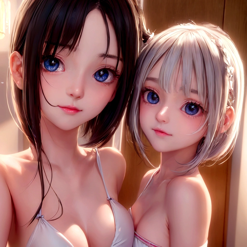 One Girl，(1人のとてもcute女の子:1.3)，masterpiece，Highest quality，High resolution，Photorealistic，RAW Photos，Ray Tracing，beautiful girl，(:1.3)，cute，Big eyes，(detailed pupils:1.2)，(The face is facing straight ahead:1.3)，Body facing forward，From below見上げる，Beautiful nose，Fuller lips，Short black hair，ponytail，short hair，Detailed eyelashes，Thin eyebrows，Very fine grain definition，(Symmetrical eyes:1.3)，(Face close-up，Face Focus:1.0)，White swimsuit，White Bikini，Portrait，View Viewer，From below，Cinema Lighting，High resolution，Very detailed