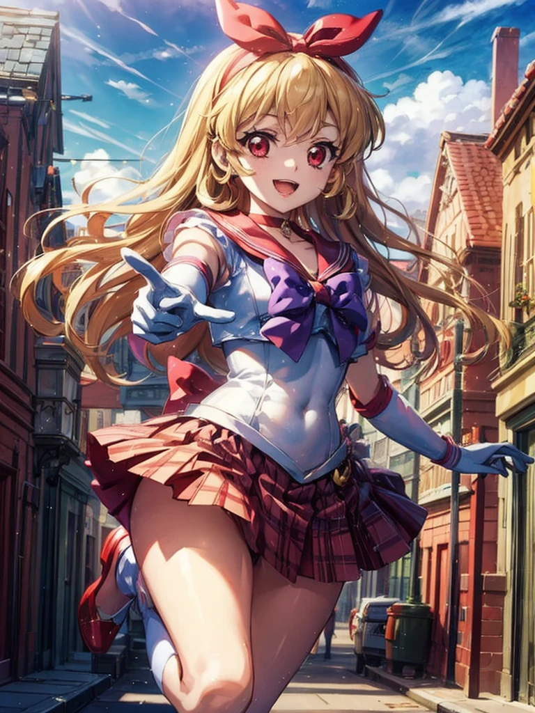 a cartoon girl that is singing and pointing to her face with both hands, 1girl, solo, blonde hair, long hair, skirt, red eyes, standing on one leg, standing, standing split, hoshimiya ichigo, cosplay, smile, sailor senshi uniform, split, open mouth, underwear, gloves, choker, panties, sky, cloud, bow, sailor collar, looking at viewer, :d, red skirt, red choker, white gloves, leg up, hairband, purple bow, red hairband,Ichigo Hoshimiya (Aikatsu!),sama1, tiara, sailor senshi uniform, white gloves, red sailor collar, red skirt, star choker, elbow gloves, pleated skirt, bare legs, purple bow