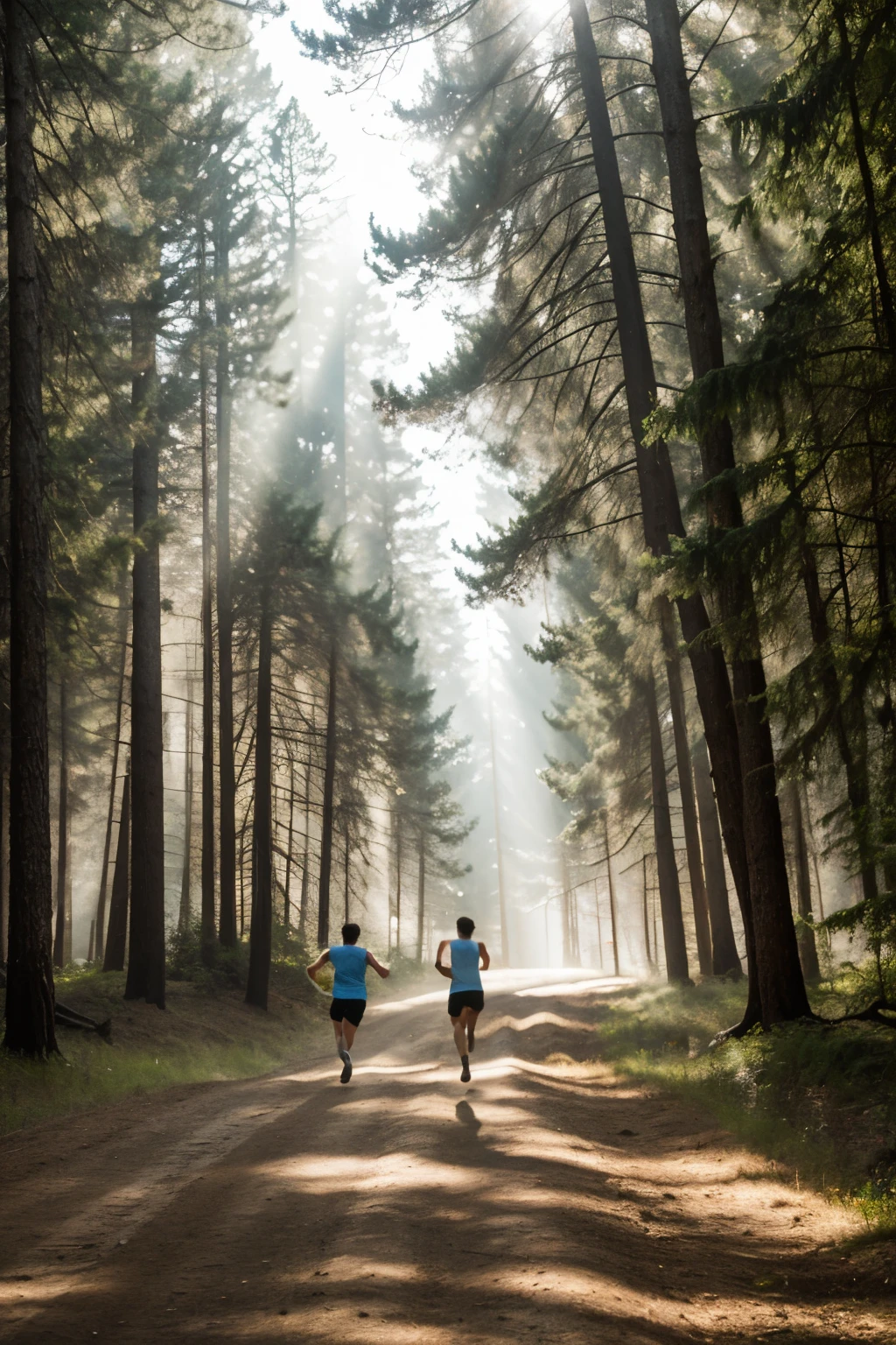 Imagina un denso bosque de pinos oscuros y altos, with rays of sun filtering through the branches. En el centro de la imagen, dos figuras humanas contrastan con el verdor del bosque. Una persona, with an expression of fear, is running towards the edge of the image, looking back with eyes wide open and arms outstretched as if fleeing. La segunda figura, that appears larger and has a stern or determined expression, is advancing rapidly behind the first, like he was chasing her. The scene conveys tension and action, with the dark forest and the contrast between the human figures emphasizing the drama of the situation.
os,