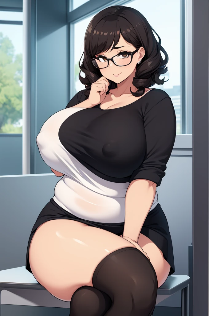1milf, tanned skinned, black short curly hair, fat lady, brown eyes, , fat, wearing a white tight top, wearing a black shirt with white lines, wearing glasses, curly undone hair, sitting on a office at a school, school environment, sexilf, sing legs, best lighting, the lady is wearing a black short skirt with white lines, white blouse, transparency on , hard nipples, vnsparent top, poured water on top, school principal lady