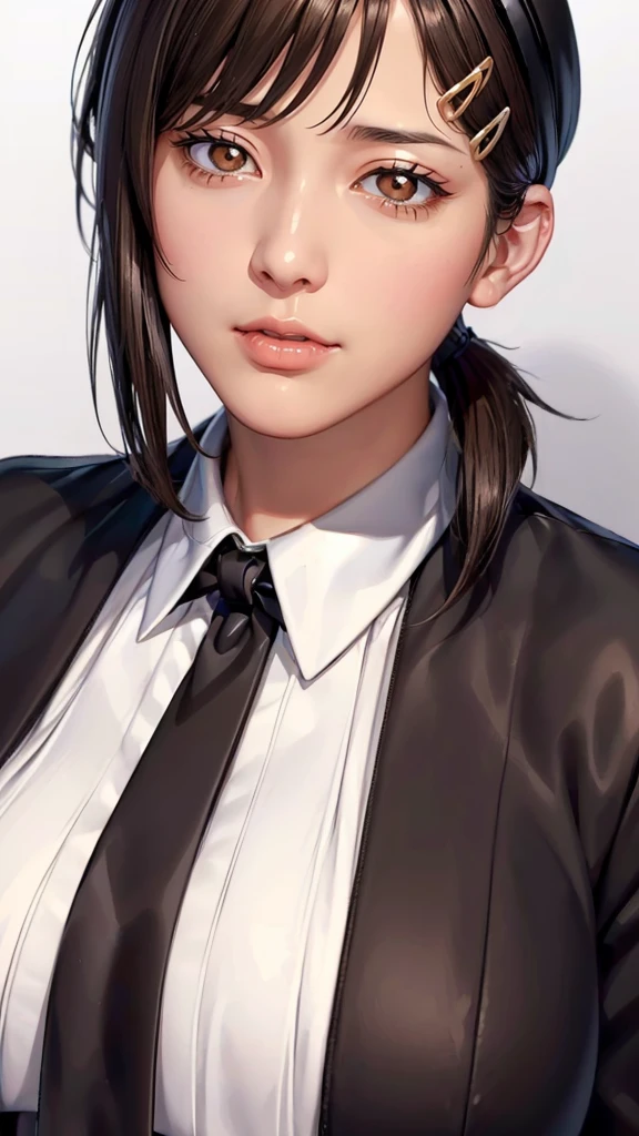 (((Perfect body,White and tender skin,(((Black strap dress, black long bow tie, white lining, black hat))),(((kobeni higashiyama, black hair, hair ornament, hairclip, ponytail, short hair, (brown eyes:1.5),))),((masterpiece)),highres,((Best quality at best)),masterpiece,quality,Best quality,((( Exquisite facial features,Looking at the audience,There is light in the eyes,(((indifferent,Poker face))),Scissorhands))),(((Light and shadow,Huge breasts,))),(((Looking at the camera,White background,look up,from above))))
