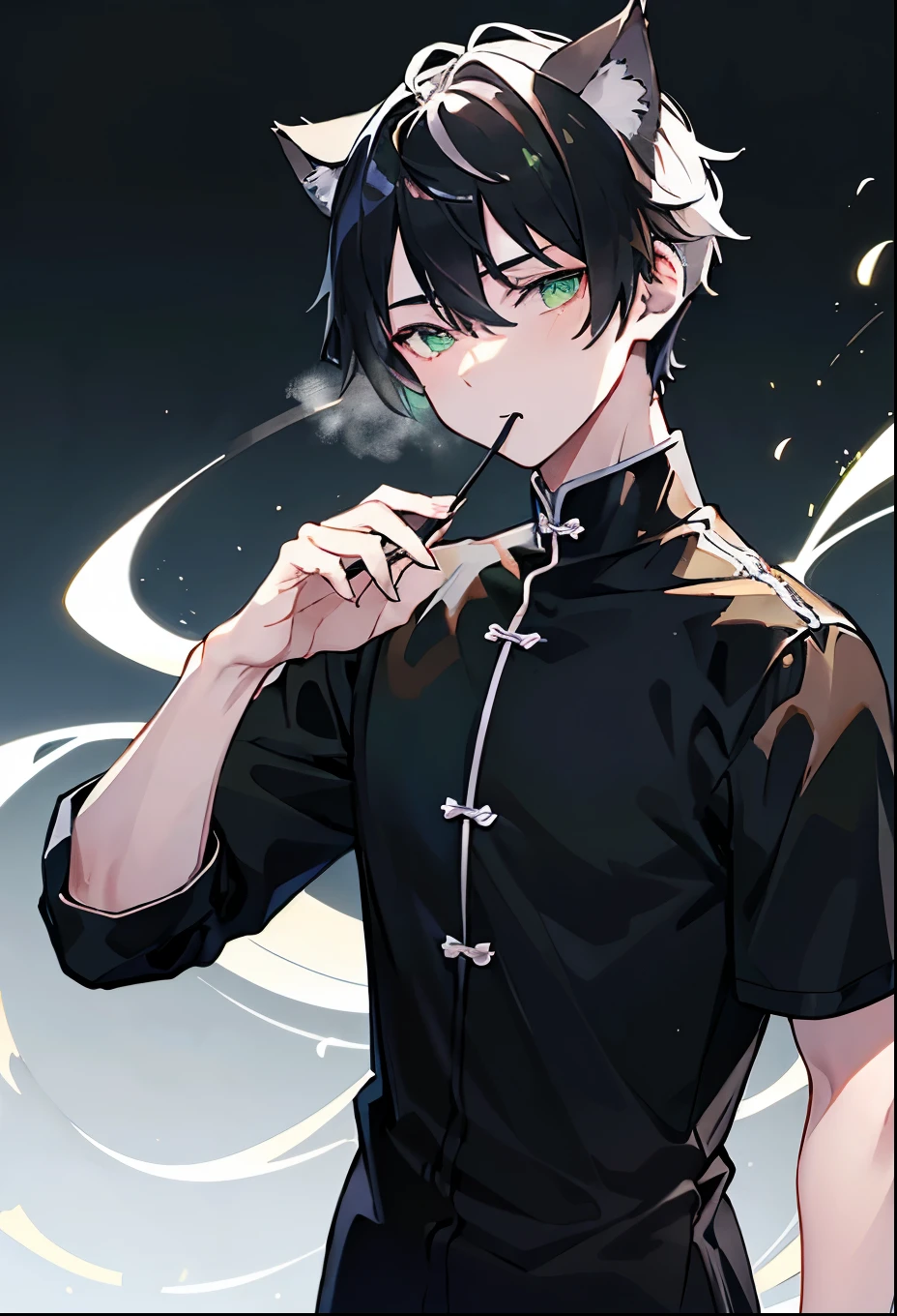 孟买猫male角色,male,youth,Green eyes,curious,Felidae,Cat ears,Black casual wear,眼镜curious,Calm and gentle,Black buzz cut,White Highlights in Black Hair,Mouth slightly open,Masculine