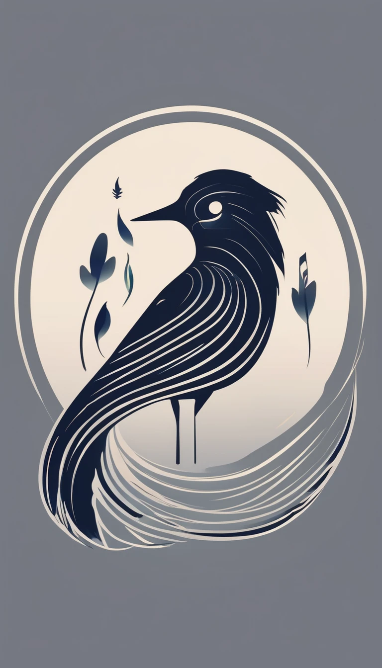Create a cinematic, abstract symbol for a film production company based on stories and music. The logo should represent the companionship between a boy musician, A Storyteller Fantasy Bird and a Dreamy Feather. Minimalist symbol design