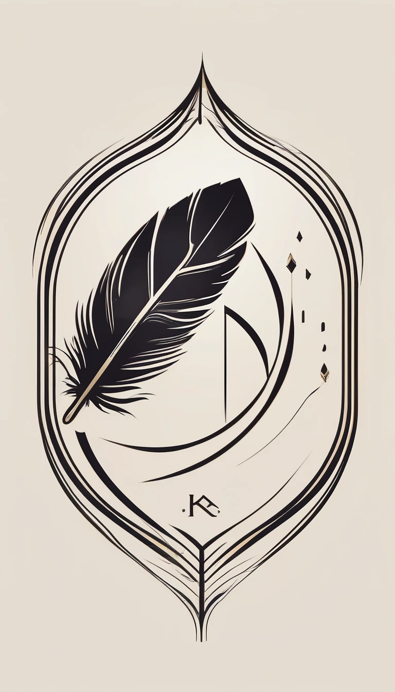 Create a cinematic, abstract symbol for a film production company based on stories and music. The logo should represent the companionship between a boy musician, A Storyteller Fantasy Bird and a Dreamy Feather. Minimalist symbol design