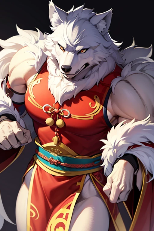 wolf muscular furry man wearing tight chinese traditional dress