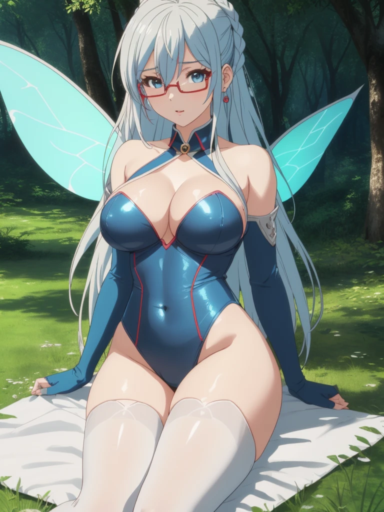 eleonora bonnefoy, sexy, (doggy style: 1.2), table top, (penetration: 1.2), silver hair, blue eyes, curvy body, fairy wings, (blue high leg leotard), (big breasts: 1.6), beautiful cleavage, (green elbow gloves), wide hips: 1.2, big ass: 1.3, (leaf skirt), (lying on back, sexy legs spread, wide), (four fingers, one thumb), (filming, front, from below), (deep forest background, lake, lakeside, grass, on grass), (ultra-detailed animation, 32K ultra-high quality, masterpiece)