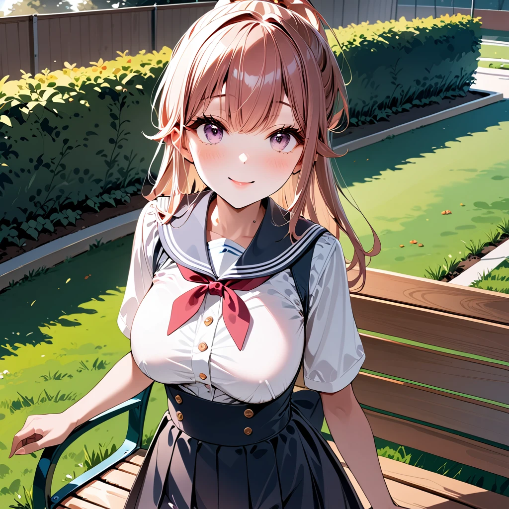 ultra-detailed,masterpiece,best quality,jcf, 1girl,,upper body,breast enhancement、close up,school garden,bench,smile,shirt,skirt, Pink Hair、High Ponytail、Light purple eyes、A mean look、Chuckle((smile))((very cute))((Young))(((Close your mouth)))((Droopy eyes))(((High Ponytail)))