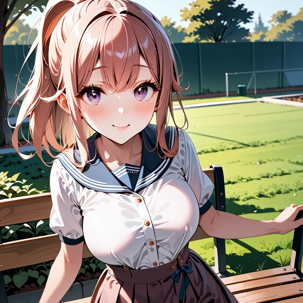 ultra-detailed,masterpiece,best quality,jcf, 1girl,,upper body,breast enhancement、close up,school garden,bench,smile,shirt,skirt, Pink Hair、High Ponytail、Light purple eyes、A mean look、Chuckle((smile))((very cute))((Young))(((Close your mouth)))((Droopy eyes))(((High Ponytail)))