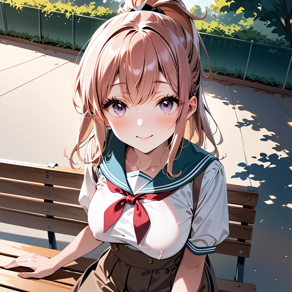 ultra-detailed,masterpiece,best quality,jcf, 1girl,,upper body,breast enhancement、close up,school garden,bench,smile,shirt,skirt, Pink Hair、High Ponytail、Light purple eyes、A mean look、Chuckle((smile))((very cute))((Young))(((Close your mouth)))((Droopy eyes))(((High Ponytail)))