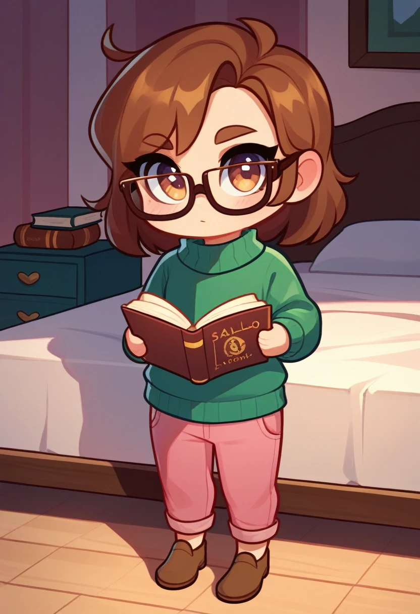 lisaloud, 1girl, solo, green sweater, pink pants, brown footwear, glasses, standing in a bedroom, looking at viewer, brown hair, short, reading a book, chibi,, score_9, score_8_up, score_7_up,