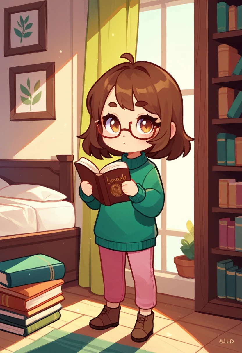lisaloud, 1girl, solo, green sweater, pink pants, brown footwear, glasses, standing in a bedroom, looking at viewer, brown hair, short, reading a book, chibi,, score_9, score_8_up, score_7_up,