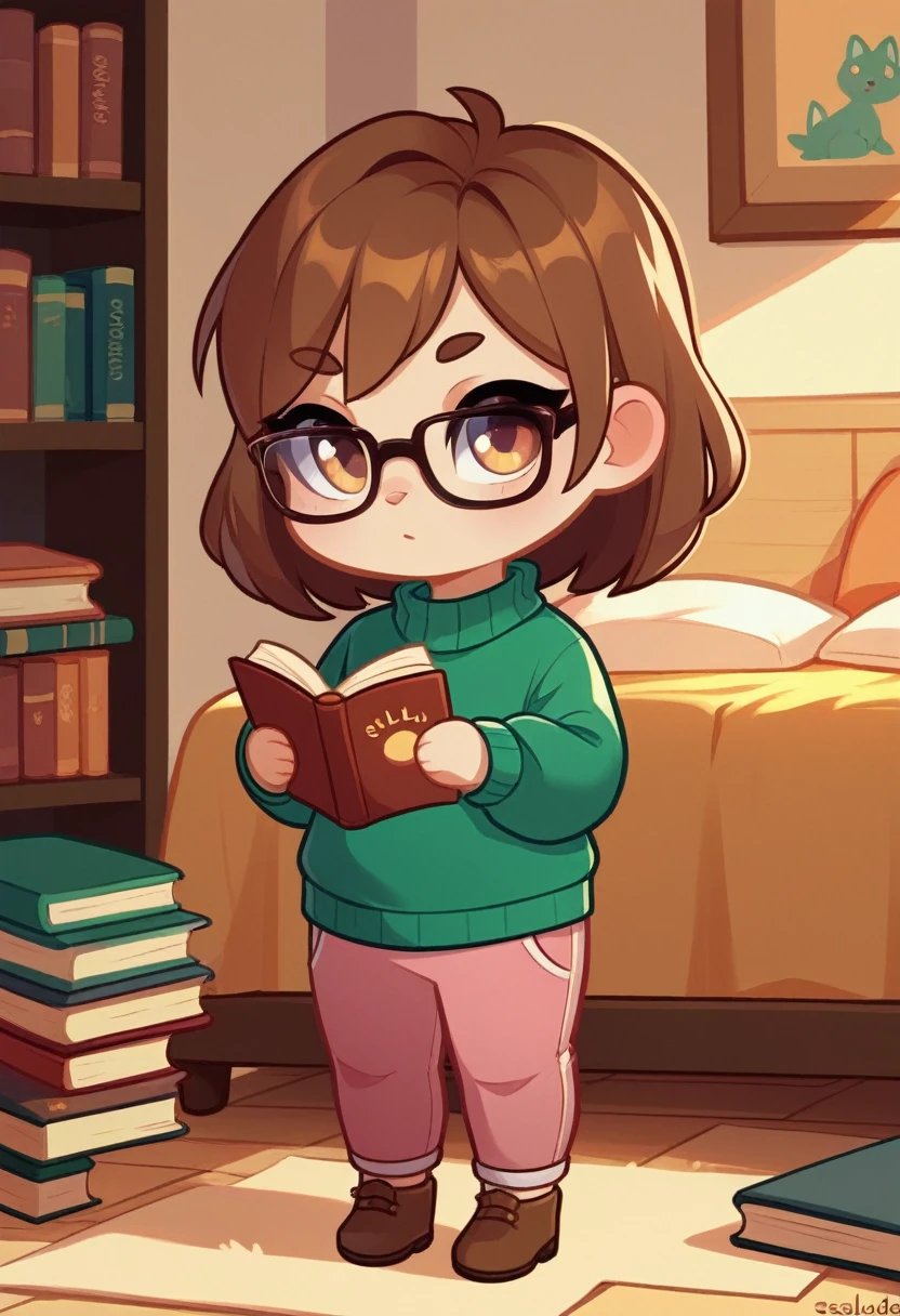 lisaloud, 1girl, solo, green sweater, pink pants, brown footwear,  glasses, standing in a bedroom, looking at viewer, brown hair, short, reading a book, chibi,, score_9, score_8_up, score_7_up,